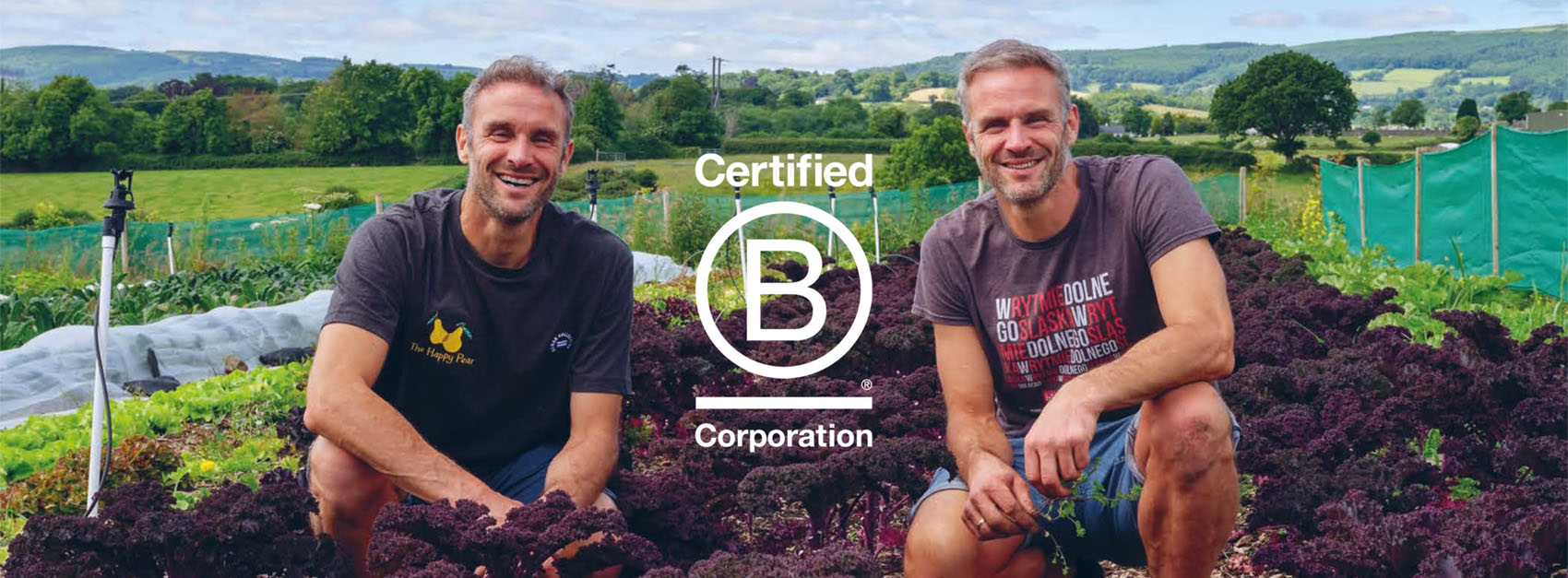 image of the happy pear dave and steve with the b-corp logo