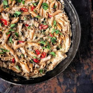 An image of Oil-free Creamy Mushroom Pasta