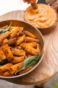 An image of Crispy Pasta Chips and Roasted Red Pepper Dip