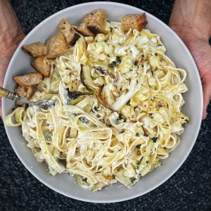 An image of Creamy Fettuccine Alfredo with baked cauliflower