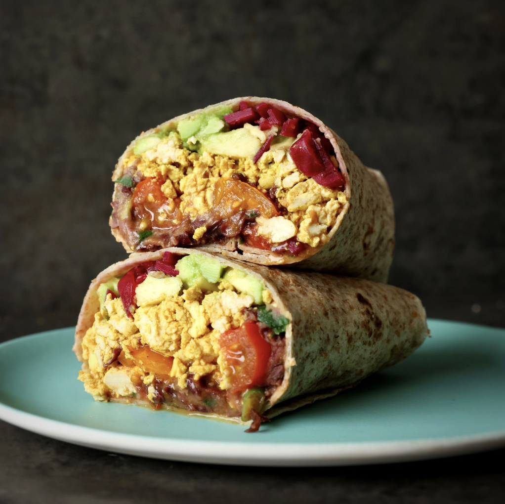 An image of a High Protein 10 Minute Breakfast Burrito with tofu and kidney beans