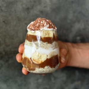 A photo of a glass containg Banoffee Overnight Oats