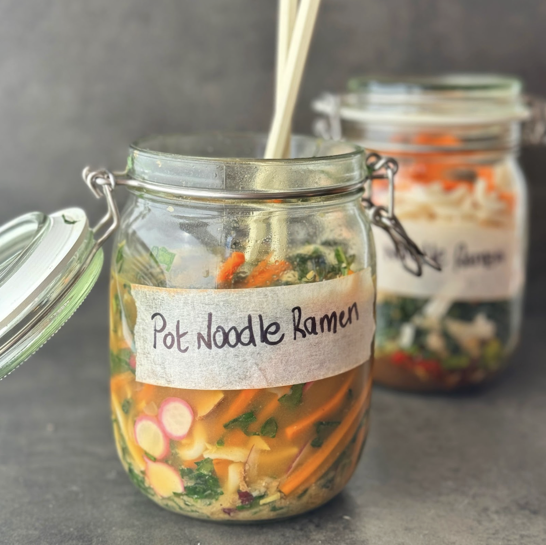 a photo of a mason jar filled with Healthier Pot Noodle Ramen