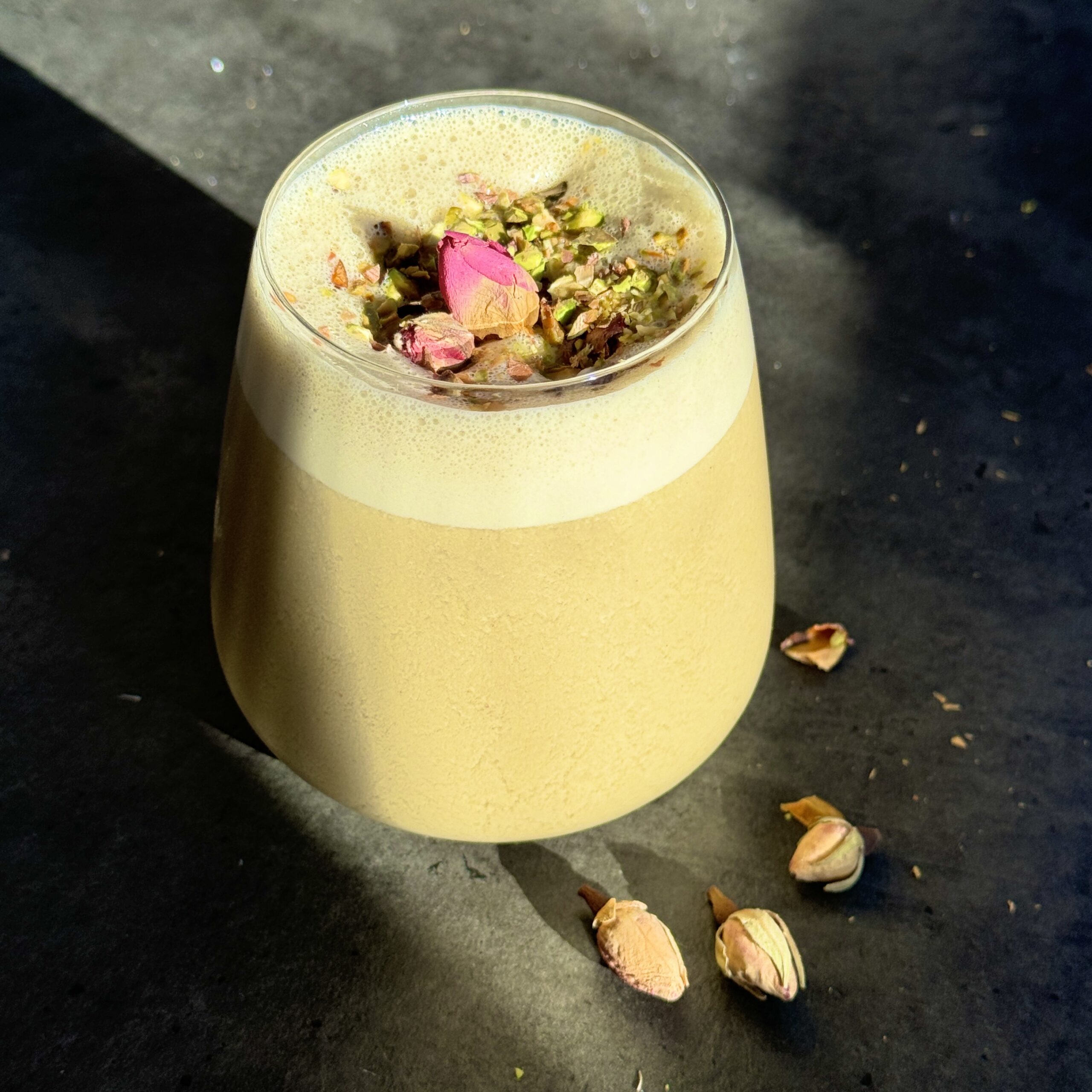 a photo of a glass of Pistachio & Rose Milk