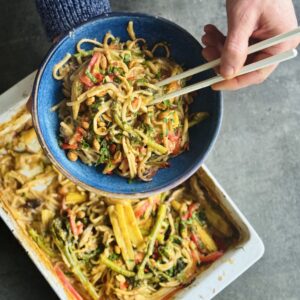 a photo of a bowl of Creamy Peanut One-Pan Baked Noodles