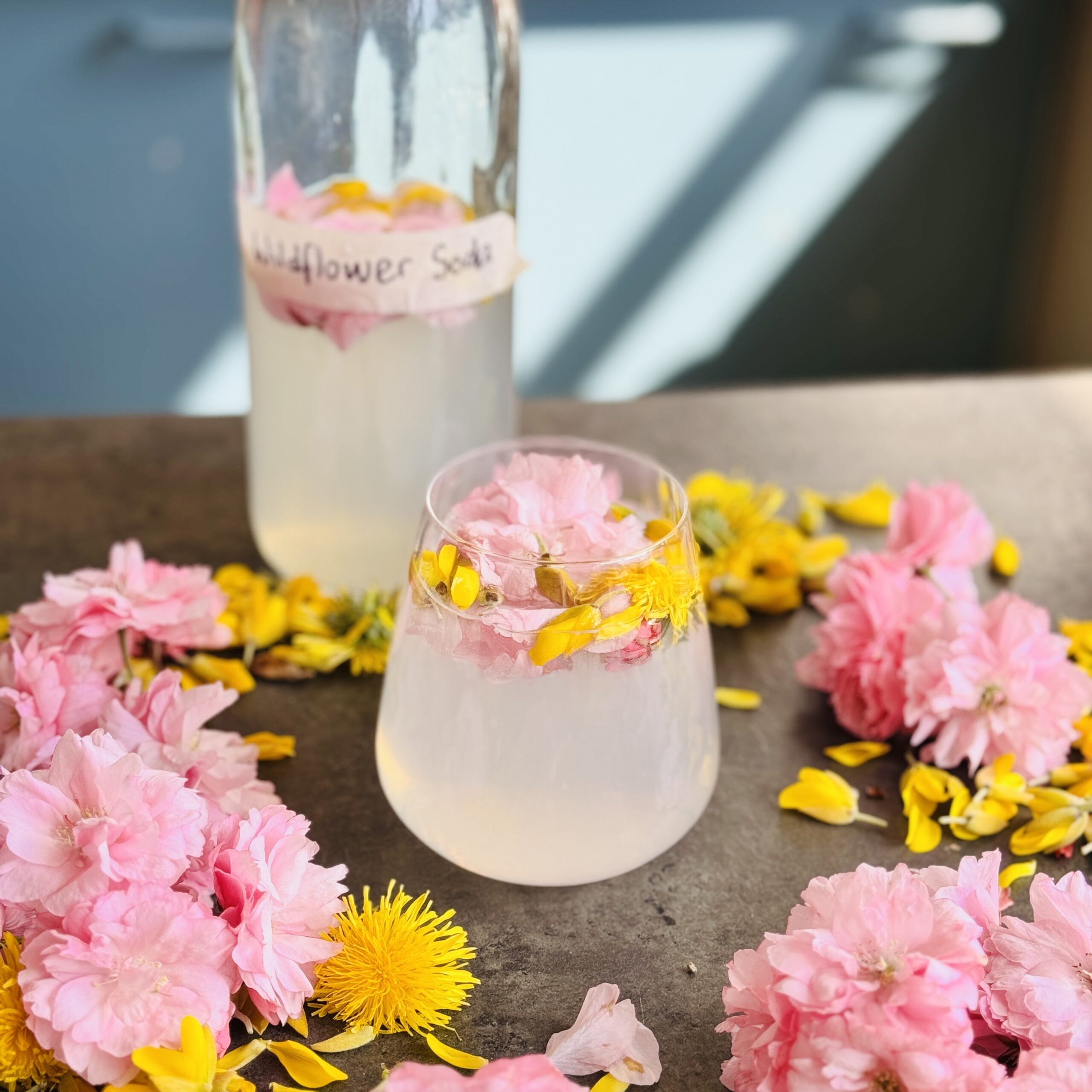 a photo of a glass of Wildflower Soda with Gorse, Dandelion & Cherry Blossom