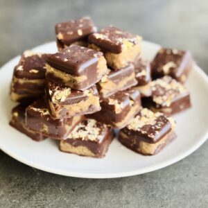 a photo of a plate of Healthier Hazelnut Caramel Bites