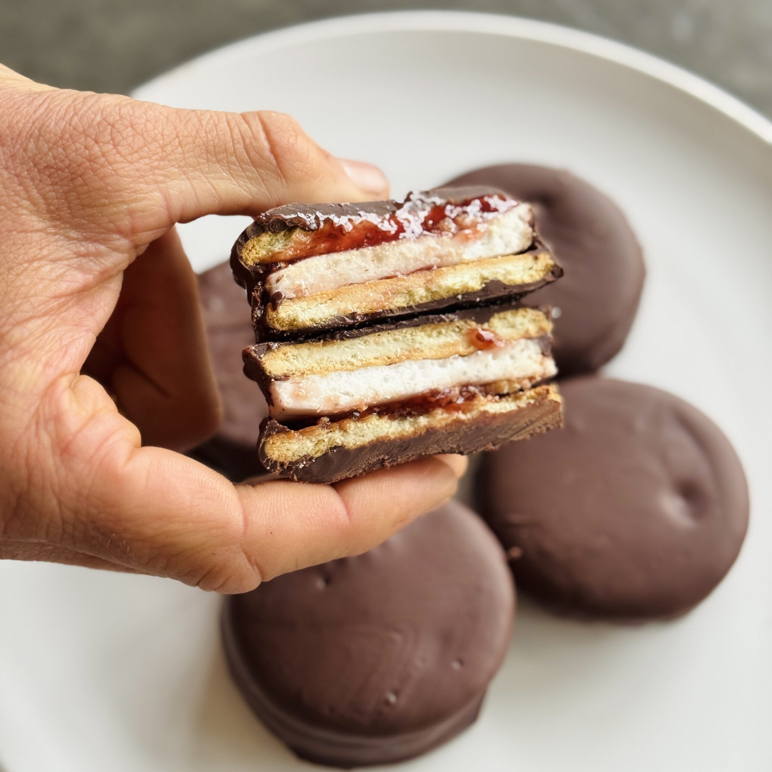 a photo of Plantbased Wagon Wheel – Chocolate Marshmallow Jam Biscuit Sandwich