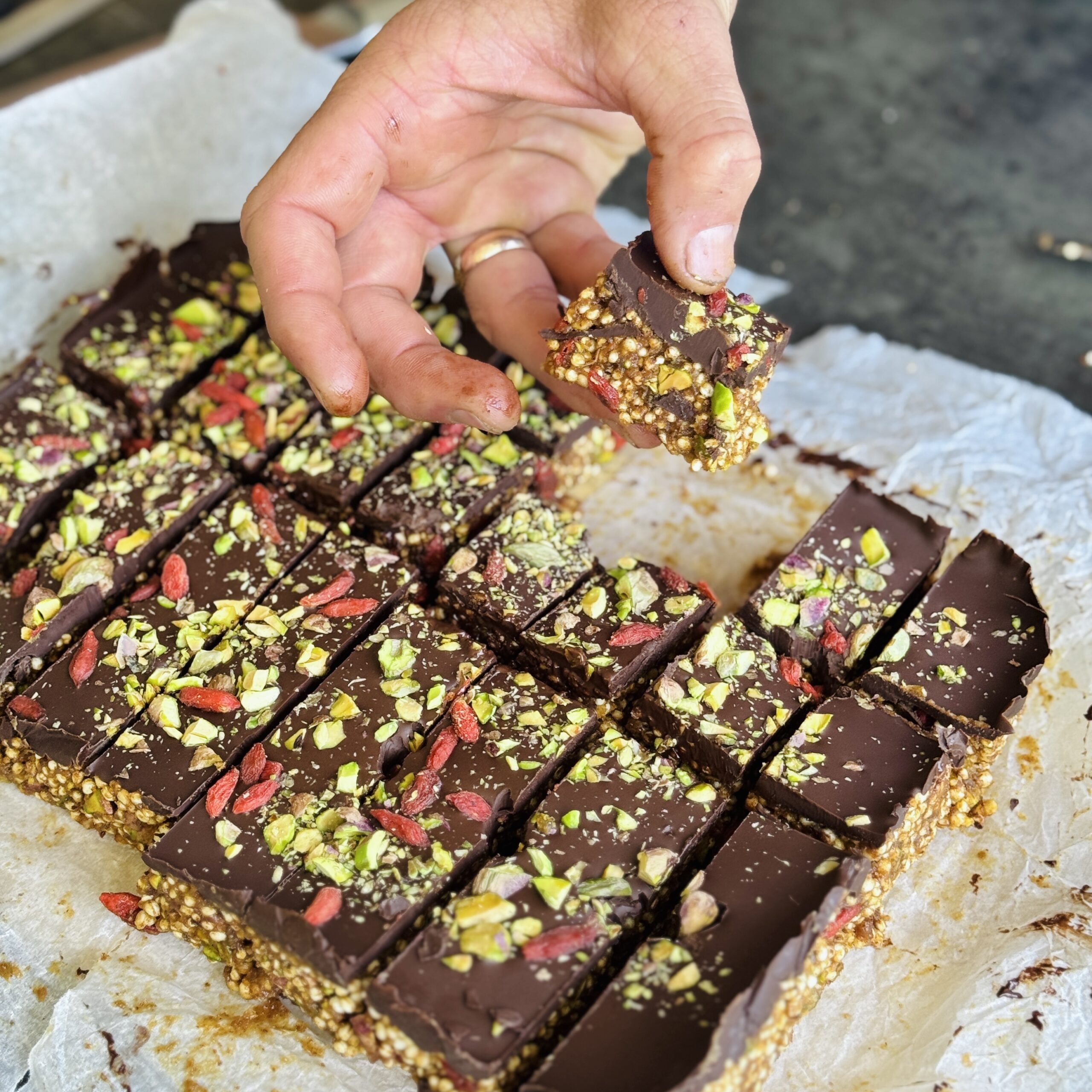 An image of the puffed quinoa pistachio bites