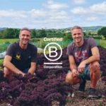 image of david and stephen flynn at their farm with the b-corp logo