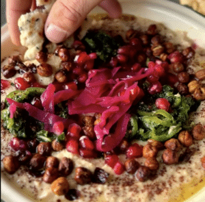 a photo of a plate of Roasted Chickpea Mezze Platter with Hummus