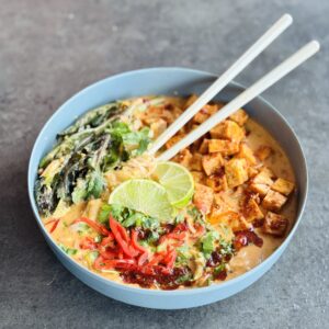 a photo of Coconut Lime Noodle Broth with Sticky Tofu