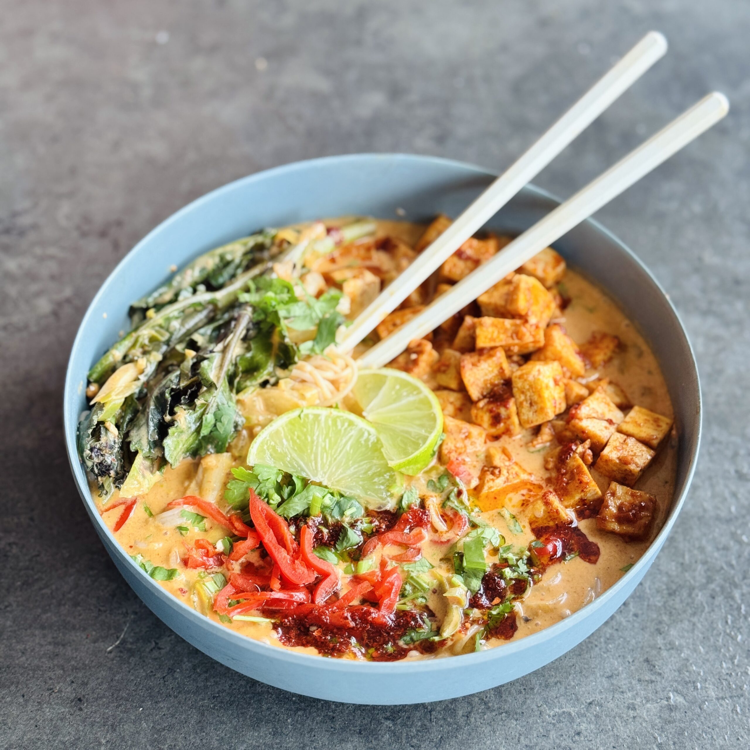 a photo of Coconut Lime Noodle Broth with Sticky Tofu