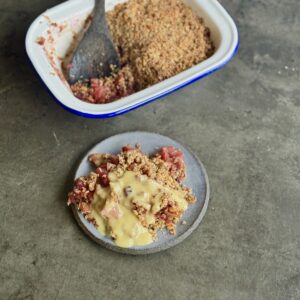 a photo of Apple and Berry Crumble with Custard