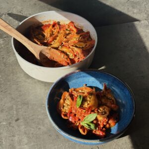 a photo of One-Pan Stuffed Pasta Shells with Basil Tofu Ricotta & Lentil Ragu