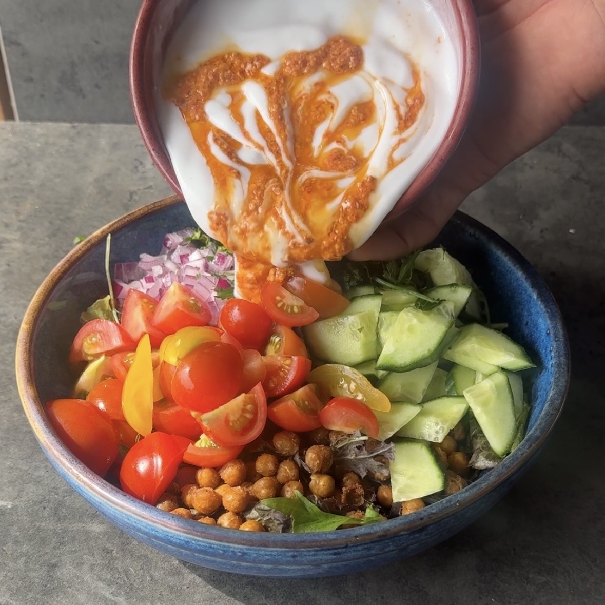 a photo of Crispy Chickpea Salad with Spicy Red Pepper Yoghurt Dressing