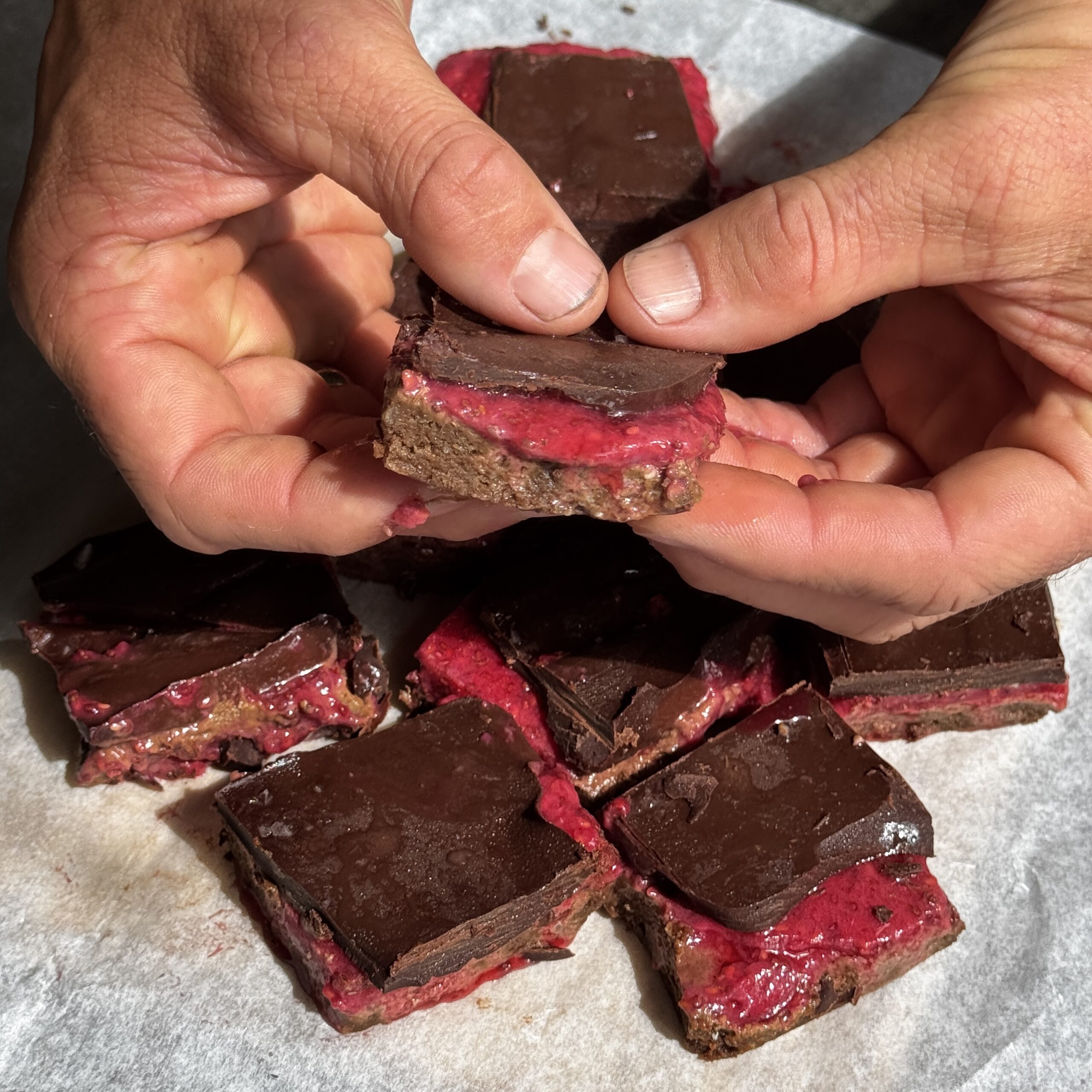 a photo of High-Protein No-Bake Raspberry Peanut Brownies
